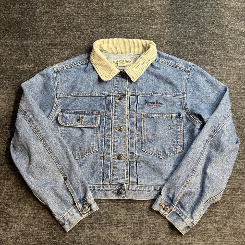 UNIONBAY Women's Large Light Wash Denim Jacket Cropped Corduroy Collar Button